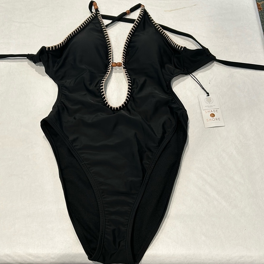 Shade and Shore Bohemian Beaded Black one Piece Bathing Suite Size XS New - Picture 2 of 7